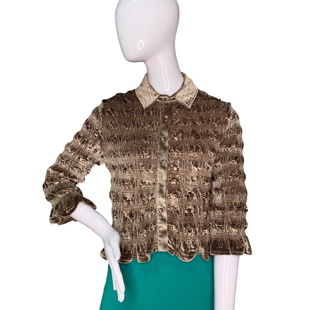 Maeve Anthropologie Shirred Velvet Top Button Down 3/4 Sleeve Brown-Taupe Size S